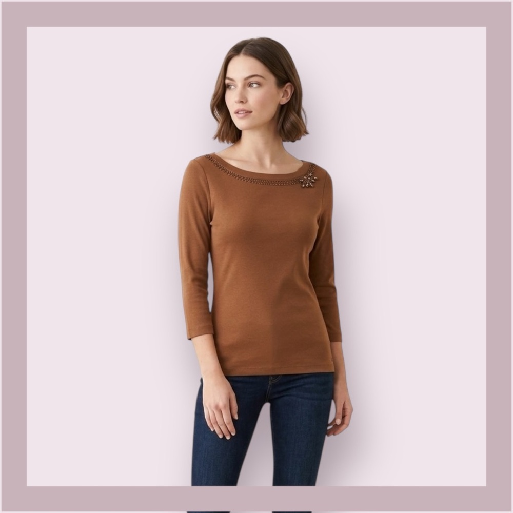 Tommy Bahama Chocolate Brown Beaded Pima Cotton Top
